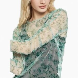 ZARA Floral Mesh Top Small Multigreen Festival Top